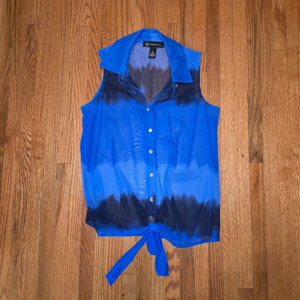 INC International Concepts Blue and Black Tie-Front Blouse